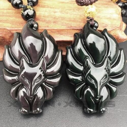 Drop Shipping Women Necklace Pendant Natural Obsidian Rainbow Eye FOX Pendant Nine-tailed Fox Necklace Lovers Fshion Jewelry
