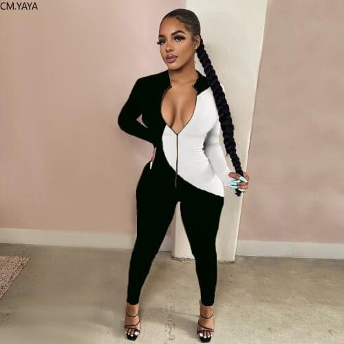 CM.YAYA Autumn Knitted Patchwork Jumpsuit Women Zipper Skinny Rompers Moto Biker Long Sleeve Sexy Club Party Bodycon Overalls