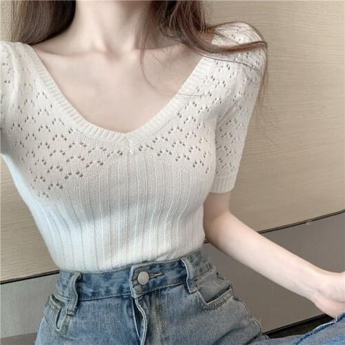 Top Hollow Design V Neck Sexy Slim Women Knitted Top Short Type Knitwear Short Sleeve ONE SIZE