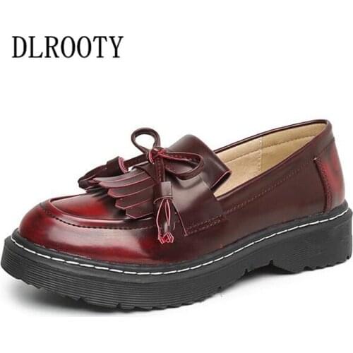 Women Flats Shoes 2018 Autumn Fashion Butterfly-knot Fringe Round Toe Buckle Strap School Platform Casual Solid Plus Size 34-43