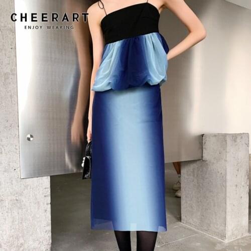 CHEERART Gradient Blue High Waisted Mesh Skirt Women 2021 High Fashion Designer Summer Long Midi Cyber Y2k Bottoms Aesthetic