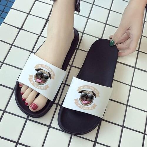 Pugs Cute Dog Print Fun Pattern Slippers Summer Beach Fashion Open Toe Slippers Printed Womens Non-slip Slides 2021