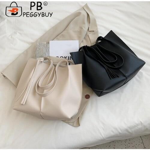 Female Casual Shoulder Bags Tassel And Pleated Design Tote Bag for Women Soft PU Leather Solid Color Shopping Bags