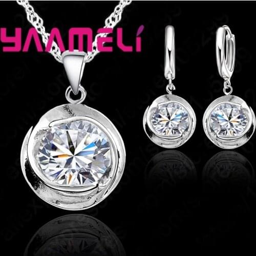 Best Elegant CZ Crystal 925 Sterling Silver Round Cubic Zirconia Pendant Necklace Lever Back Earring Woman Jewelry Sets