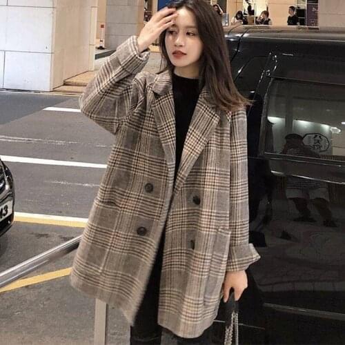 New Autumn Plaid Woolen coat Korean Womens Plus Cotton Long Woolen Overcoat Casual Blazer Plus size Abrigo Mujer Trench coats