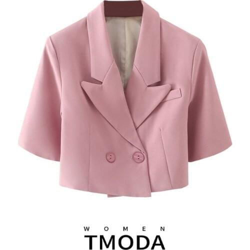 TMODA1318 New Women Fashion Notched Collar Double Breasted Short Blazer Coat Vintage Female Business Outerwear Chic Crop Tops