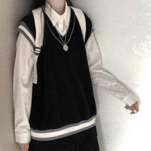 Autumn Korean Fashion Chic Suit Women 2 Piece Sets Long Sleeve Turn-down Collar Tops and Loose Knitted Vest Two Piece Set Q870