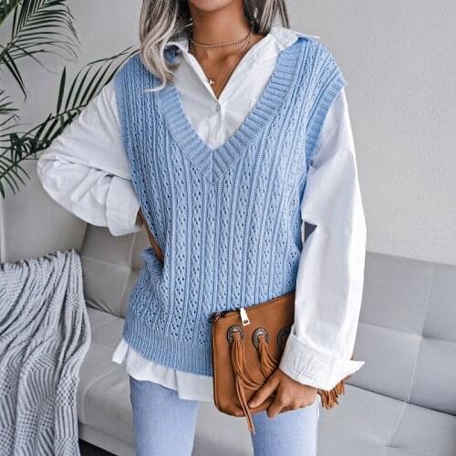 Top woman sweater vest 2021 autumn and winter new V-neck hollow twist solid loose casual knitted vest pullover womens clothing