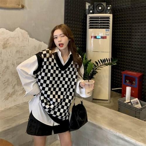2021 Spring Autumn Sweater Knitted Vest Korean Tops for Women Clothing Oversize Vintage Sleeveless Kawaii Harajuku V-Neck Plaid
