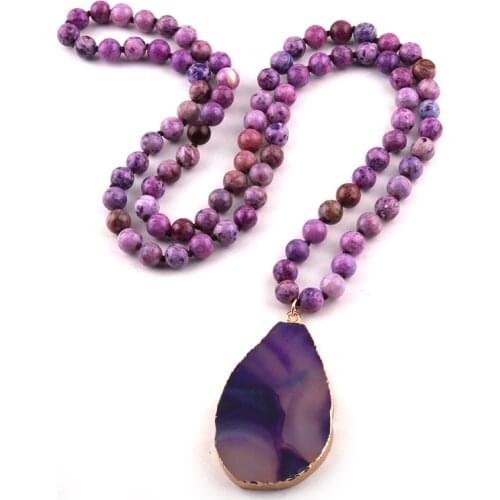 Free Shipping Fashion Semi Precious Stones Long Knotted Stone Agat Drop Pendant Necklaces Women Ethnic Necklace