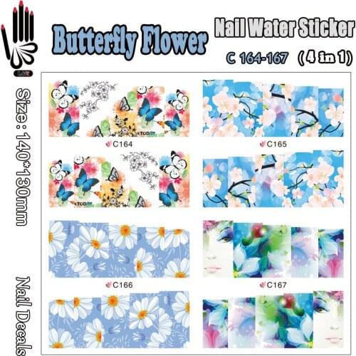 4 Sheets/Lot For Nail C164-167 Blue Butterfly Flower Nail Art Wrap Water Sticker for Nail Art Decoration(4 DESIGNS IN 1)
