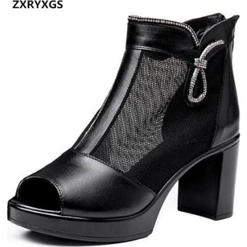 Promotion Cowhide Mesh Rhinestone Classic Sandals High Heeled Sandals 2020 New Fish Mouth Summer Stylish Sandals Leather Shoes