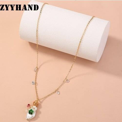 ZYYHAND Natural Stone Baroque Pearl Cross Chain Women Gold-Color Romantic Flower Party Wedding Wrap Luxury Nest Girl Necklace