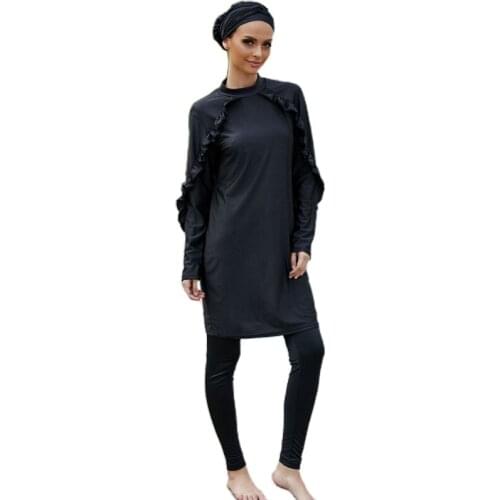 Black Muslim Swimwear Burkini with Bra Padding Long Sleeves Sport Swimsuit Wear Bathing Suit Three-Piece Swimsuit Dropship