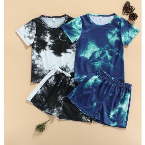 Kid Short Sleeve + Shorts, 2021 New Fashion Tie-dye Print Elastic Waist Loose Version Casual Style Summer Clothing