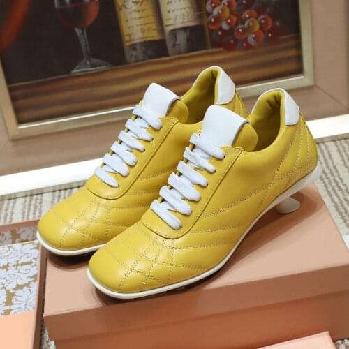 Donna-in 2021 New Trendy Spring Autumn Lace up Yellow Ladies Shoes Kitten Heel Genuine Leather Square Toe Sewing Patchwork women