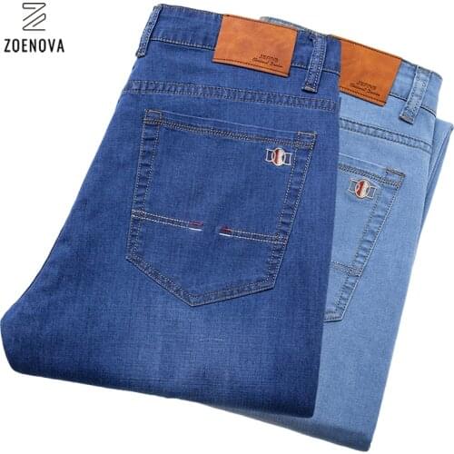 Zoenova Mens Jeans Summer Thin Elastic Fashion Business Trousers Classic Lyocell Material Denim Long Pants Oversized 44 46