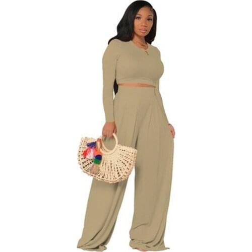 Black Two Piece Set for Women Long Sleeve Crop Top Wide Leg Trousers Suit Loose Pants Outfit Autumn Clothing Female Fall Clothes