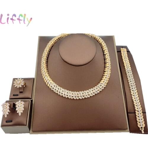 Liffly Fashion Bridal Necklace Jewelry Sets Bracelet Crystal Earrings Dubai Gold Jewelry for Women Wedding Ring Jewelry Set