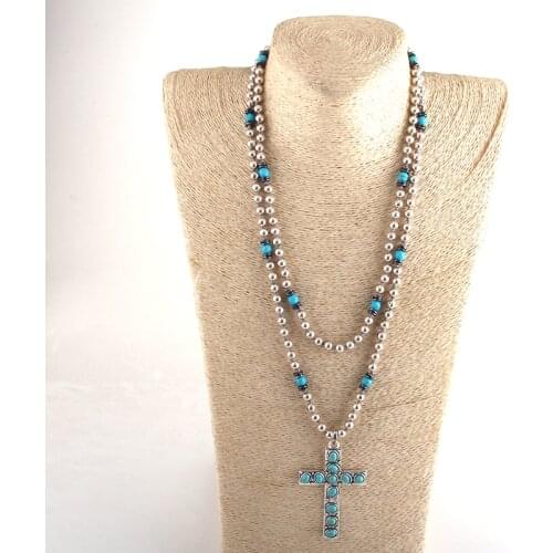 MD Fashion Bohemian Tribal Jewelry 6mm Metal Beads / Turq Long Knotted Metal Cross Pendant Necklaces