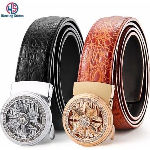 Warring States High Quality Business Casual Crocodile Pattern Mens Leather Belt Round Diamond Alloy Buckle Luxury Brands
