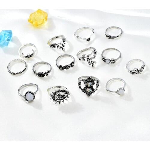 14PCS/Set Fashion Boho Moon Sun Knuckle Opal Finger Ring Set Leaf Flower Midi Women Rings Engagement Ring Crown Ring New Hot