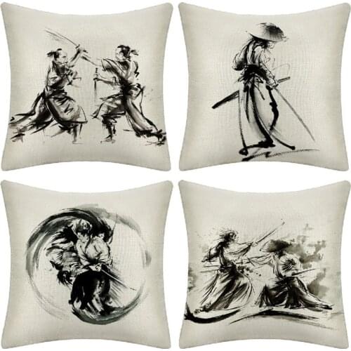 Watercolor Art Printed Throw Pillow Case Japanese Samurai Decorative Cushion Cover Sofa Seat Linen Cushion Home Decor