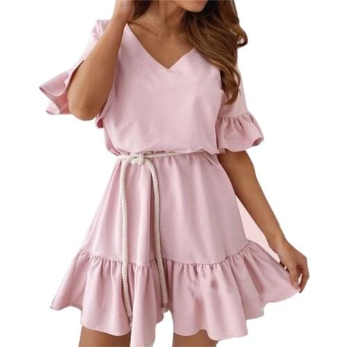 Plus Size Summer Ruffle Dresses For Women 2021 Womens V-neck Solid Color Draped Sexy Short Sleeve Mini Drees Vestido De Mujer
