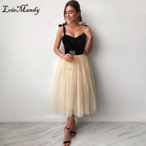 Luxury Black Velvet Prom Dresses 2021 Elegant Tea Length Tulle Dress for Graduation Cheap Plus Size Tulle Rochii Robe de soiree