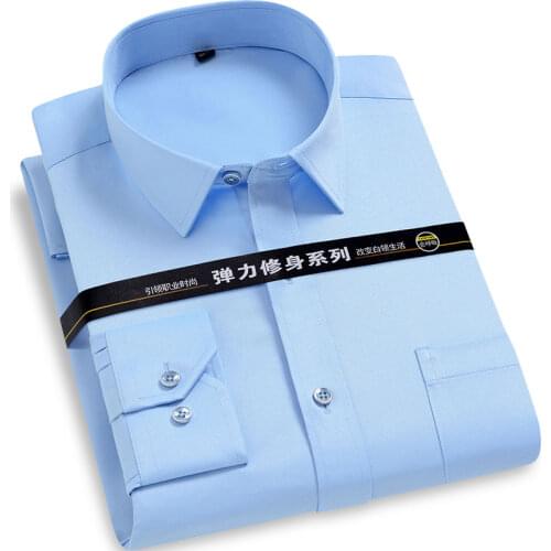 2020 New Mens Basic Business Dress Shirt Stretch Solid Color With Pocket Non-iron Regular Fit Long Sleeve Formal Work Shirt