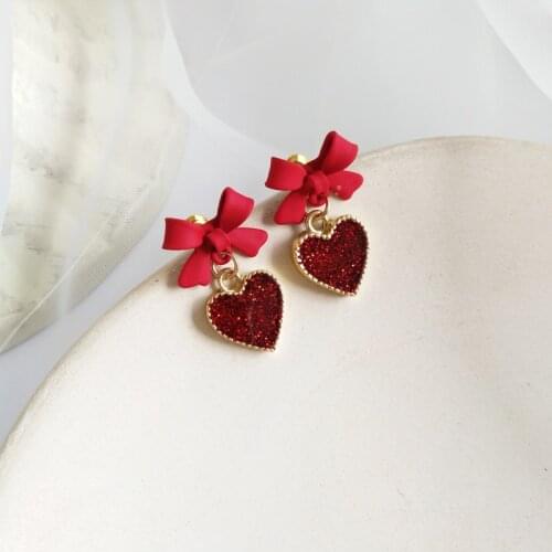 S925 needle Sweet Jewelry Earrings Hot Sellling Red Bowknot Shiny Bling Bling Heart Dangle Drop Earrings For Girl Party Gifts