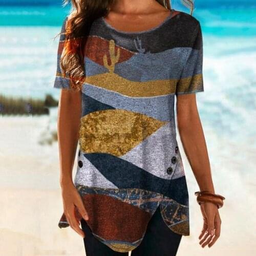 2021 Summer New Printed Ladies T-shirt European and American Casual Short Sleeve Round Neck Loose Ladies Pullover Top