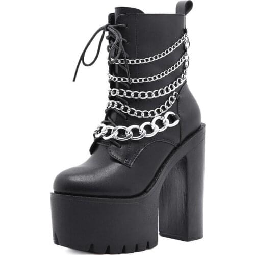 Big size 35-42 Casual Punk Women Motorcycle Boots Fashion Chains cross-tied High heels Stage Shoes Autumn Winter Leather boots