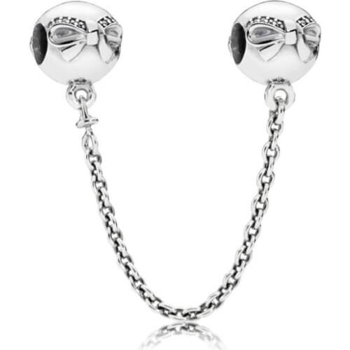 Genuine 925 Sterling Silver Thread Bead Charm Dainty Bow Safety Chain Beads Fit Women Pan Bracelet & Necklace Diy Jewelry