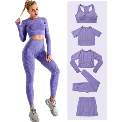 2/3/4PCS Seamless Yoga Set Fitness Women Tracksuit Gym Workout Sportswear High Waist Leggings Long Sleeve Crop Top Sports Suits