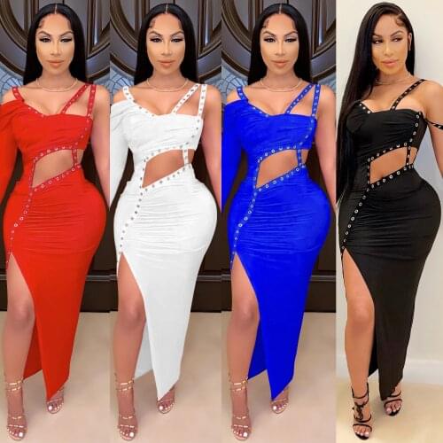 2021 Solid Sexy Hollow Out Grommet Asymmetric High Split Long Dress for Women One Shoulder Straps Side Hole Bodycon Vestidos