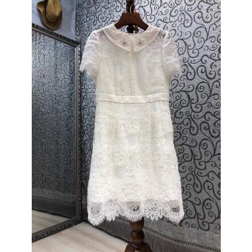 Top Quality Lace Dress 2021 Summer Party Events Women Turn-down Collar Sequined Embroidery Short Sleeve Bodycon Dress Club