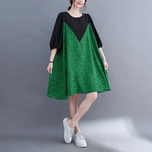 Korea Style Patchwork Black Green Leopard Sweet Girls Loose Chic Summer Dress Puff Sleeve Street Fashion Women Casual Dress