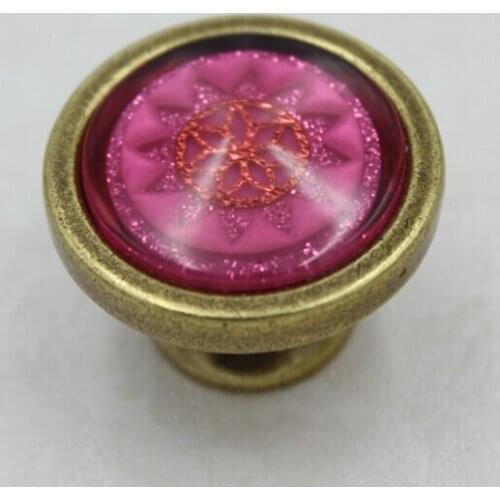 32mm Bonze Kitchen Cabinet Knobs Red Acrylic Drawer Pulls antique brass Dresser cupboard vintage furniture Handle Pulls Knobs