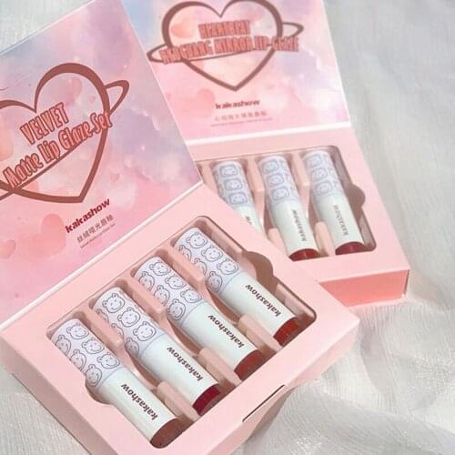 4 Pc/set Velvet Matte Lip Gloss Cute Bear Lipstick Water Glazed Mirror Long Lasting Waterproof Cosmetic Sets TSLM1