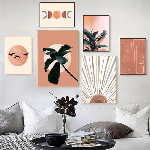 Mid Century Abstract Sun Moon Print Canvas Picture Birds Plant Leaves Poster Line Face Wall Art Painting Boho Living Room Decor