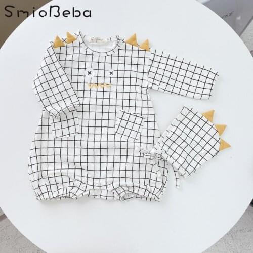 Baby Unisex Boys And Girls Cartoon Animal Dinosaur Jumpsuit With Hats Cotton Long Sleeve Plaid Korean Rompers Halloween Costume