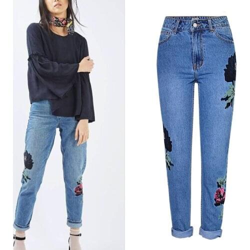 European&American solid applique flower embroidery jeans Fashion womens high-waisted straight denim pnats