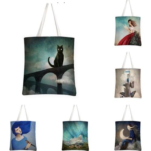 Oil Painting Cat Shopping Canvas Bag Tote Casual Large-capacity Portrait Women Bag Travel Shoulder Bags Eco Reusable Handbag
