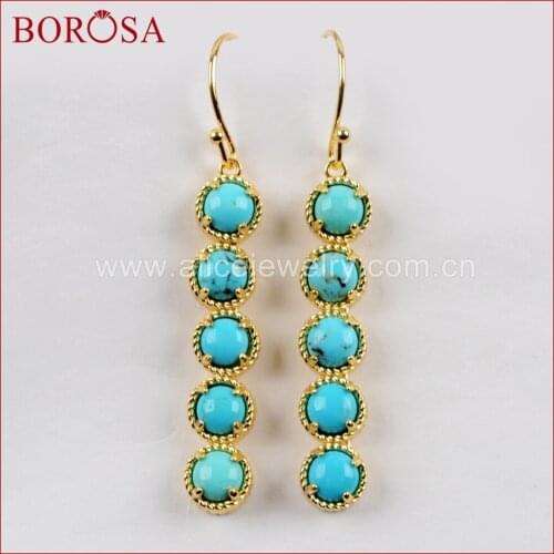 BOROSA 3/5Pairs Gold Color Bezel Five Round Natural Turquoises Bar Earrings Natural Blue Stone Drop Earrings Jewelry ZG0336