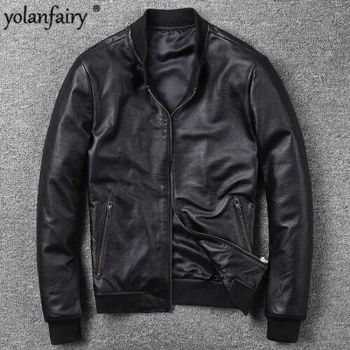 YOLANFAIRY Genuine Leather Jacket Men Real Cow Leather Bomber Jackets Spring Autumn Motocycle Plus Size Streetwear 2020 MF147