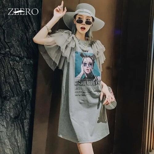 Summer Women Streetwear Long T Shirt Dress Female Print Sequined Ruffles Sleeve Casual Tees Party Tops White Dresses Plus Size