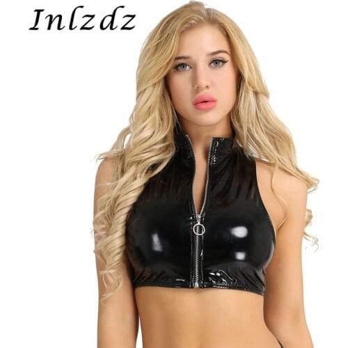 Womens Rave Tank Top Wetlook Patent Leather Sleeveless Stand Collar Zipper Vest Punk Crop Tank Tops Clubwear with Jeans Shorts