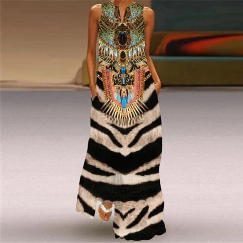 MOVOKAKA Tiger Print Dress 2021 Vintage V Neck Casual Long Dresses Woman Summer Sleeveless Beach Maxi Dress Women Sundress Robe