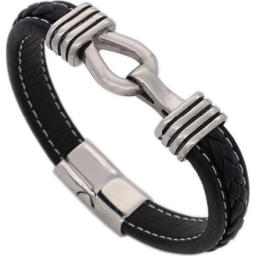 JSBAO Punk Lock Design Genuine Leather Men Bracelets Handmade Weave White Stitch Line Design Magnet Buckle Male Punk Gift